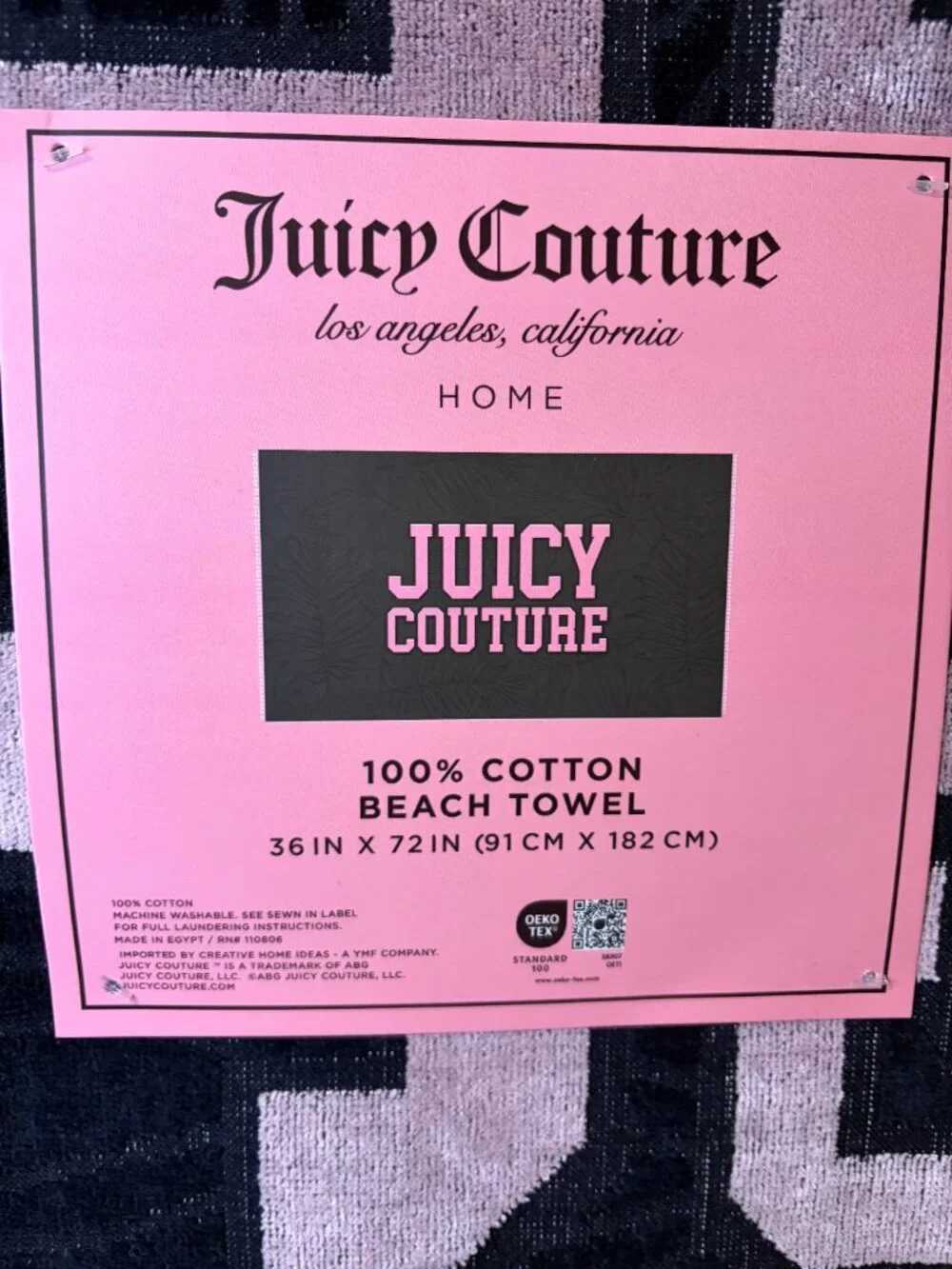 Juicy Couture Beach Towel Pink Black Logo Y2K Coquette Pool 36x72 NWT